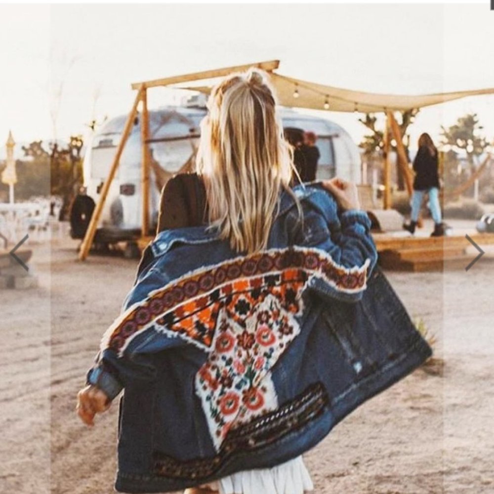 Boho Denim Blue Floral Embroidered Jean Jacket - Picture 4 of 11